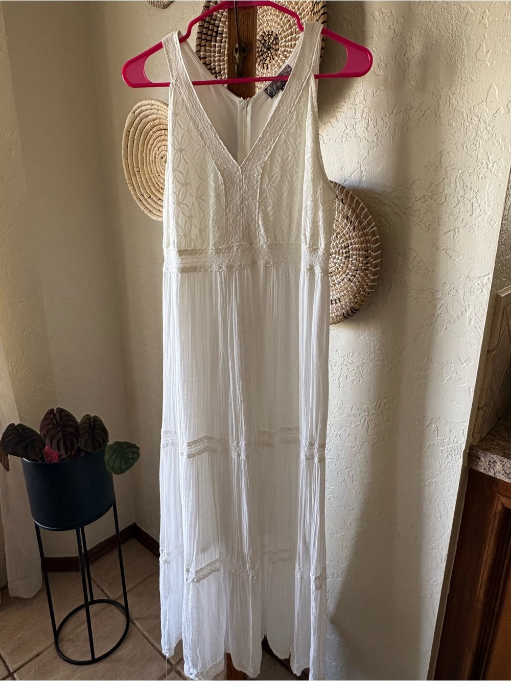 White Boho Lace Trim V-Neck Maxi Dress